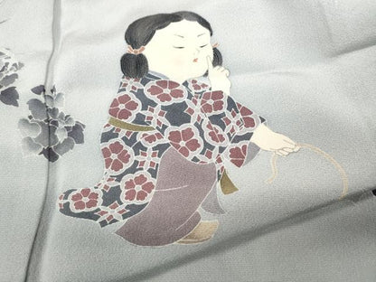 平和屋着物●十日町友禅作家　関口遼一　訪問着　童子遊び　雀　正絹　逸品　CABD0112ut