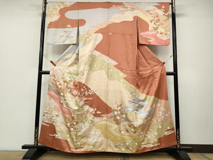 平和屋着物●訪問着　駒刺繍　絞り　エ霞屏風草花文　金彩　正絹　逸品　CABD0113ut