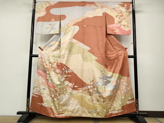 平和屋着物●訪問着　駒刺繍　絞り　エ霞屏風草花文　金彩　正絹　逸品　CABD0113ut