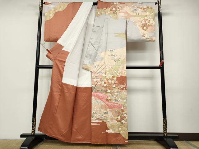 平和屋着物●訪問着　駒刺繍　絞り　エ霞屏風草花文　金彩　正絹　逸品　CABD0113ut