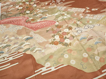 平和屋着物●訪問着　駒刺繍　絞り　エ霞屏風草花文　金彩　正絹　逸品　CABD0113ut