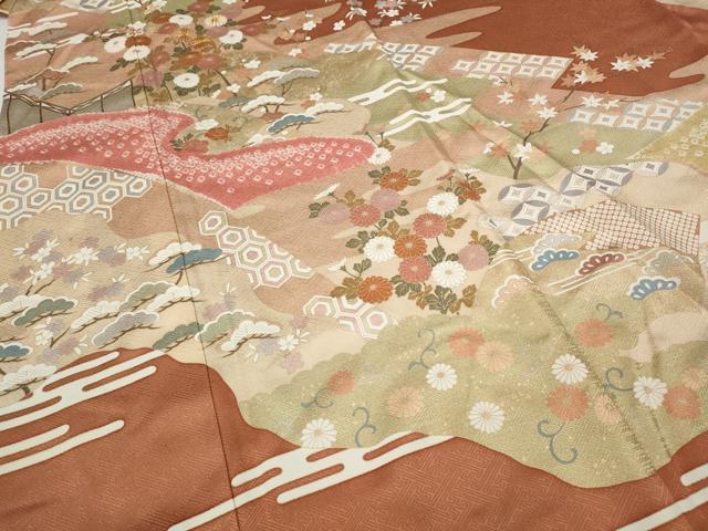平和屋着物●訪問着　駒刺繍　絞り　エ霞屏風草花文　金彩　正絹　逸品　CABD0113ut