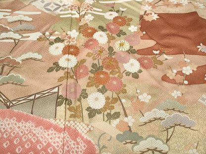 平和屋着物●訪問着　駒刺繍　絞り　エ霞屏風草花文　金彩　正絹　逸品　CABD0113ut