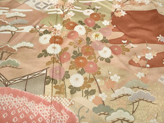 平和屋着物●訪問着　駒刺繍　絞り　エ霞屏風草花文　金彩　正絹　逸品　CABD0113ut