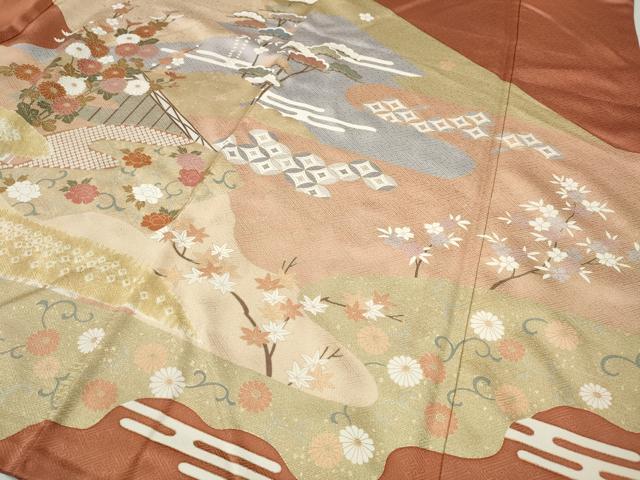 平和屋着物●訪問着　駒刺繍　絞り　エ霞屏風草花文　金彩　正絹　逸品　CABD0113ut