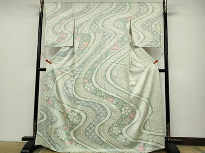 平和屋着物●訪問着　総絞り　流水舞花文　正絹　逸品　CABD0134ut