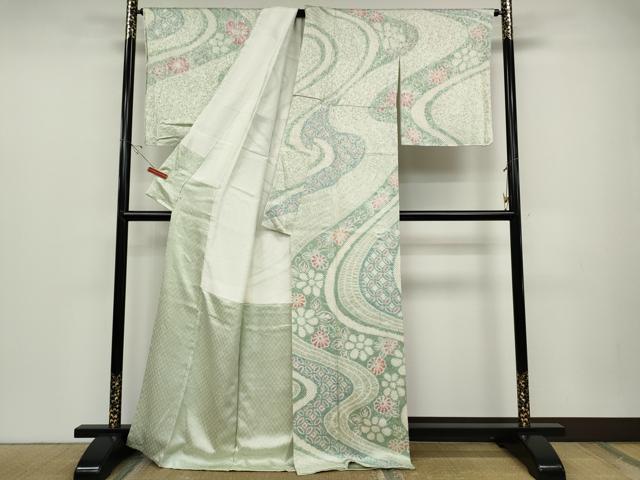 平和屋着物●訪問着　総絞り　流水舞花文　正絹　逸品　CABD0134ut