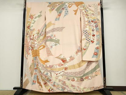 平和屋着物●創業460年・千總　振袖　駒刺繍　束ね熨斗飛鶴吉祥花文　金彩　正絹　逸品　CABD0136ut