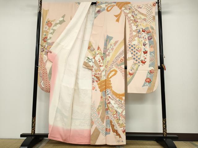 平和屋着物●創業460年・千總　振袖　駒刺繍　束ね熨斗飛鶴吉祥花文　金彩　正絹　逸品　CABD0136ut