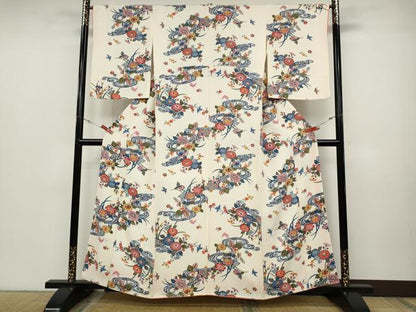 平和屋着物●上質な小紋　型染め　流水花鳥文　正絹　逸品　CABD0137ut