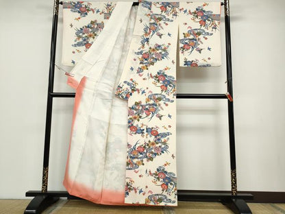 平和屋着物●上質な小紋　型染め　流水花鳥文　正絹　逸品　CABD0137ut