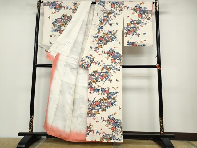 平和屋着物●上質な小紋　型染め　流水花鳥文　正絹　逸品　CABD0137ut