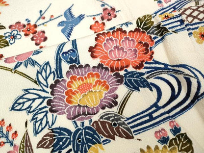 平和屋着物●上質な小紋　型染め　流水花鳥文　正絹　逸品　CABD0137ut