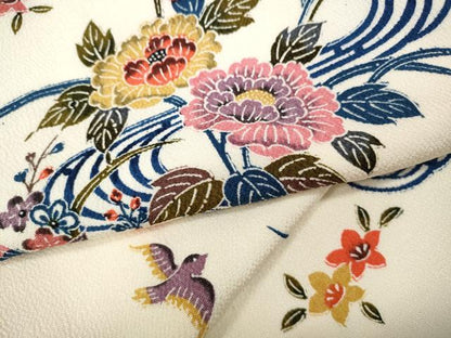 平和屋着物●上質な小紋　型染め　流水花鳥文　正絹　逸品　CABD0137ut