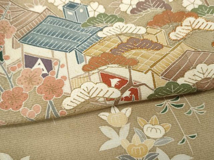 平和屋着物●訪問着 駒刺繍 風景草花文 金彩 正絹 逸品 CABD0140ut
