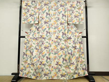 平和屋着物●上質な小紋　型染め　舞蝶枝花文　正絹　逸品　CABD0155ut