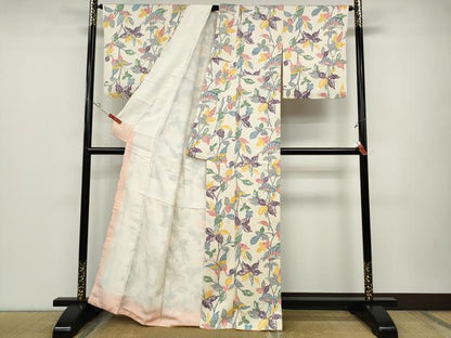 平和屋着物●上質な小紋　型染め　舞蝶枝花文　正絹　逸品　CABD0155ut