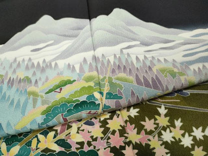 平和屋着物●十日町友禅作家　岡村蒼風　黒留袖　遠山草花文　暈し染め　鈴乃屋扱い　正絹　逸品　CABD0166ut