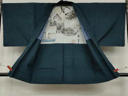 平和屋着物●男性　紬　アンサンブル　網代文様　正絹　逸品　CABD0170ut