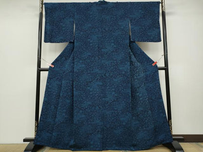平和屋着物●上質な小紋　本藍　型染め　風景草花文　正絹　逸品　CABD0173ut