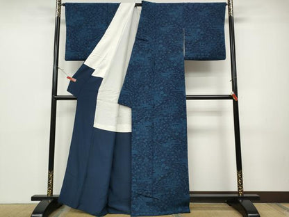 平和屋着物●上質な小紋　本藍　型染め　風景草花文　正絹　逸品　CABD0173ut