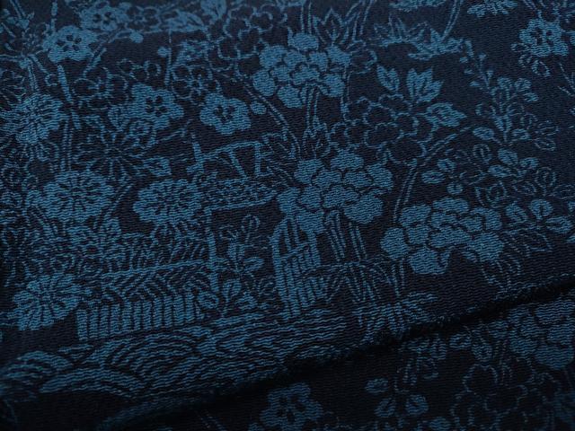 平和屋着物●上質な小紋　本藍　型染め　風景草花文　正絹　逸品　CABD0173ut
