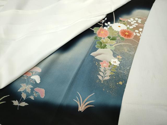 平和屋着物●京友禅の第一人者　松井青々　黒留袖　駒刺繍　草花文　暈し染め　金彩　正絹　逸品　CABD0175ut