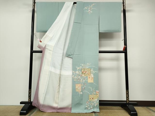 平和屋着物●訪問着　駒刺繍　色紙重ね草花文　金彩　正絹　逸品　CABD0178ut