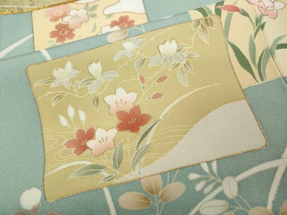 平和屋着物●訪問着　駒刺繍　色紙重ね草花文　金彩　正絹　逸品　CABD0178ut