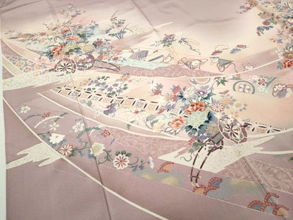 平和屋着物●訪問着　扇面吉祥花車文　暈し染め　金彩　正絹　逸品　未使用　CABD0195ut