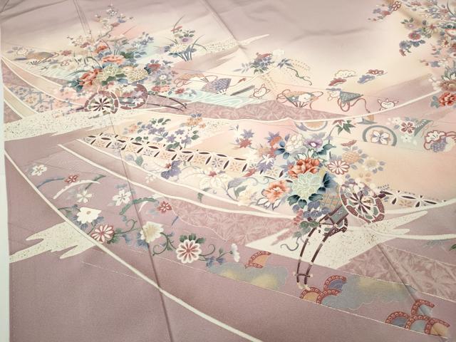 平和屋着物●訪問着　扇面吉祥花車文　暈し染め　金彩　正絹　逸品　未使用　CABD0195ut