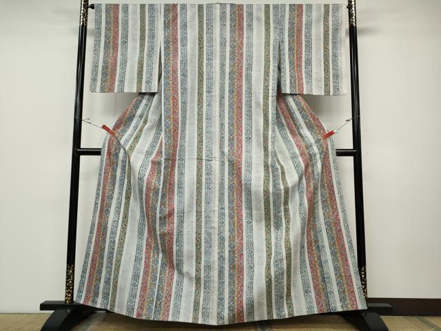 平和屋着物●上質な小紋　紬地　更紗花間道　正絹　逸品　CABD0196ut