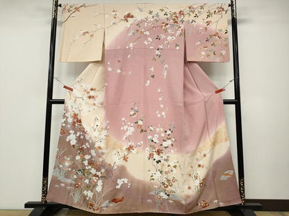 平和屋着物●訪問着　地紙枝花文　暈し染め　金銀彩　正絹　逸品　CABD0204ut