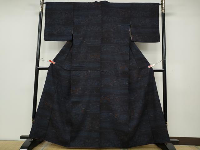 平和屋着物●結城紬　100亀甲　横段草花文　小田急百貨店扱い　正絹　逸品　CABD0214ut