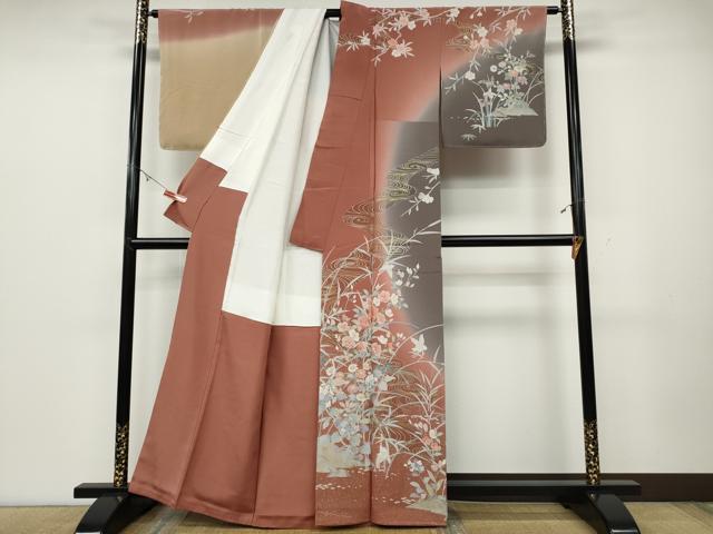 平和屋着物●訪問着　鷺流水草花文　金彩　正絹　逸品　CABD0221ut