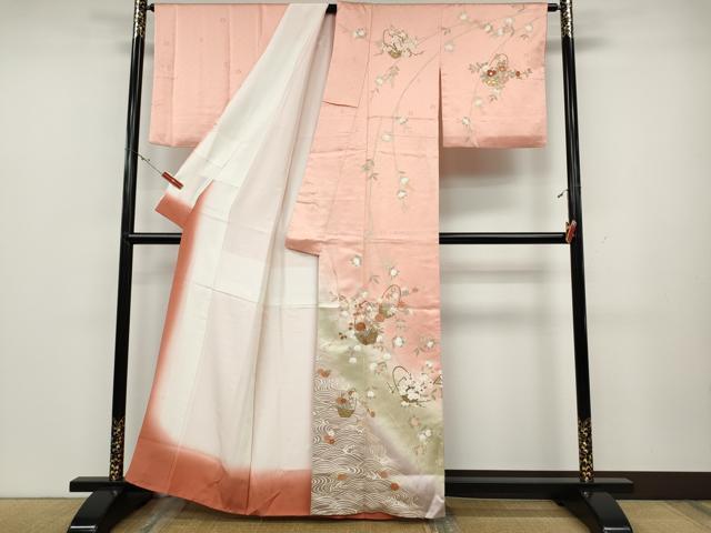 平和屋着物●十日町老舗ブランド　吉澤友禅　吾妻徳穂　訪問着　花籠文　暈し染め　金彩　正絹　逸品　CABD0227ut