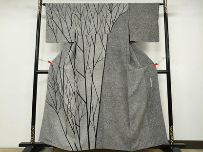 平和屋着物●二代目 川村久太郎 訪問着 枝木文 たたき染め 黒地 正絹 逸品 CABD0229ut