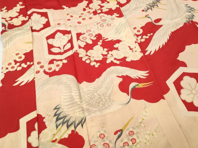 平和屋着物●アンティーク　大正ロマン　長襦袢　袷　飛鶴花文　正絹　逸品　CABD0242ut