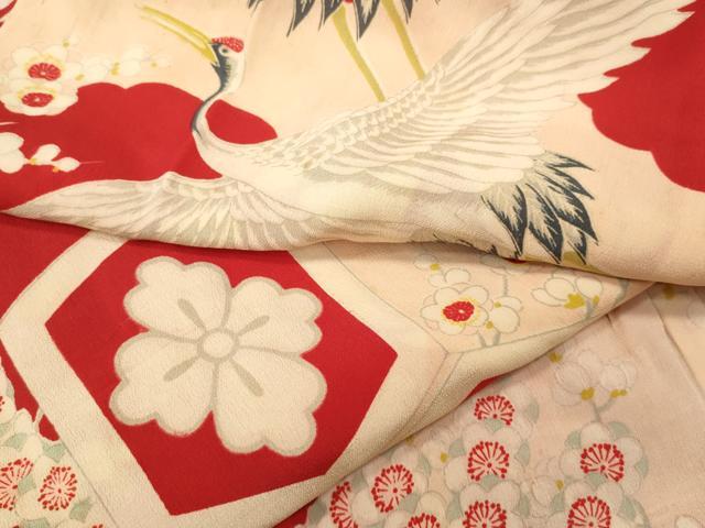 平和屋着物●アンティーク　大正ロマン　長襦袢　袷　飛鶴花文　正絹　逸品　CABD0242ut