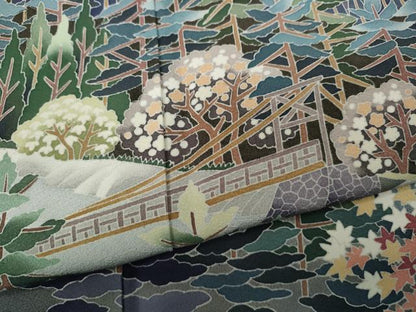 平和屋着物●十日町友禅作家　岡村蒼風　黒留袖　渡橋樹林文　暈し染め　さが美扱い　正絹　逸品　CABD0246ut