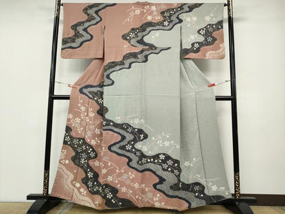 平和屋着物●訪問着　絞り　流水草花文　金彩　正絹　逸品　CABD0247ut