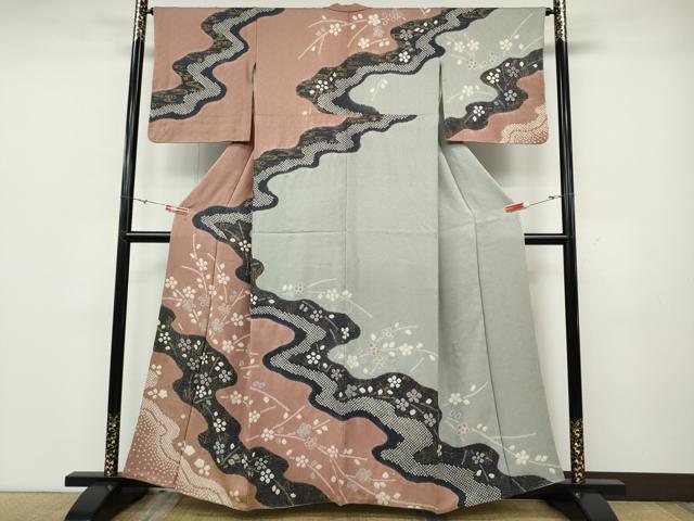平和屋着物●訪問着　絞り　流水草花文　金彩　正絹　逸品　CABD0247ut
