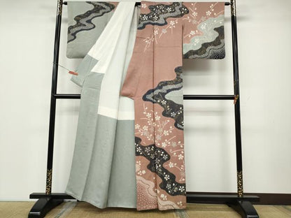 平和屋着物●訪問着　絞り　流水草花文　金彩　正絹　逸品　CABD0247ut