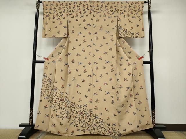平和屋着物●訪問着　型染め　飛鳥花蝶文　鬼しぼ縮緬　正絹　逸品　CABD0249ut