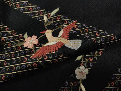 平和屋着物●訪問着　刺繍　飛鳥蔦の葉花文　黒地　金彩　正絹　逸品　CABD0250ut
