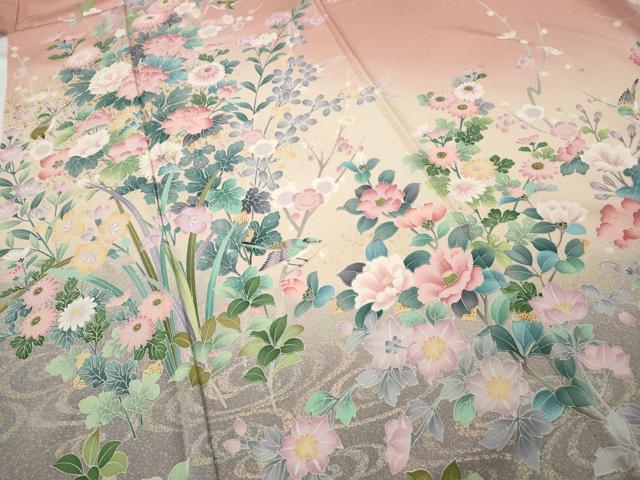 平和屋着物●訪問着　休み鳥草花文　暈し染め　金彩　正絹　逸品　CABD0253ut