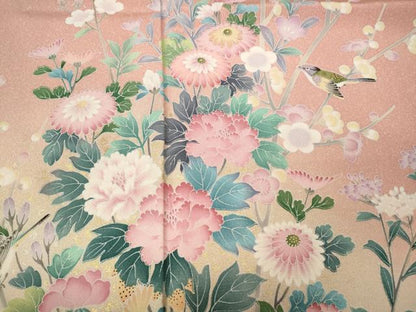平和屋着物●訪問着　休み鳥草花文　暈し染め　金彩　正絹　逸品　CABD0253ut