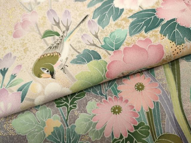 平和屋着物●訪問着　休み鳥草花文　暈し染め　金彩　正絹　逸品　CABD0253ut