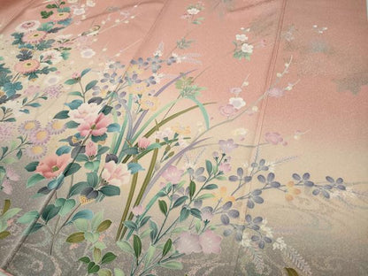 平和屋着物●訪問着　休み鳥草花文　暈し染め　金彩　正絹　逸品　CABD0253ut