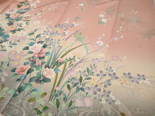 平和屋着物●訪問着　休み鳥草花文　暈し染め　金彩　正絹　逸品　CABD0253ut